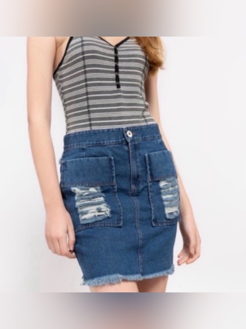 POL Distressed Denim Mini Skirt Plaid Peekaboo Pockets Raw Hem Size Large